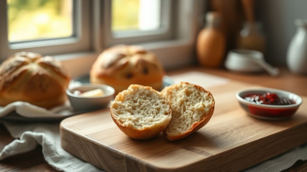 Muffins anglais sans gluten maison, moelleux et dorés 1 Muffins anglais sans gluten maison coupés en deux sur un plan de travail en bois, avec lumière naturelle du matin