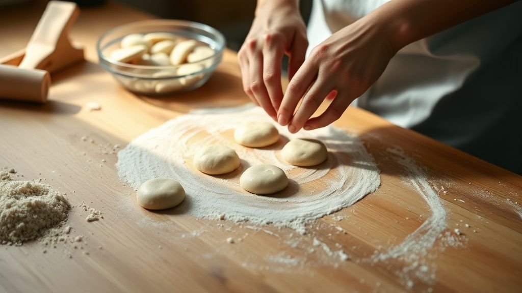 Muffins anglais sans gluten maison, moelleux et dorés 2 Mains façonnant des muffins anglais sans gluten sur un plan de travail en bois sous lumière naturelle