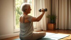 Musculation et longévité : le sport favori des centenaires 1 Femme âgée pratiquant un exercice de musculation douce chez elle près d’une fenêtre lumineuse