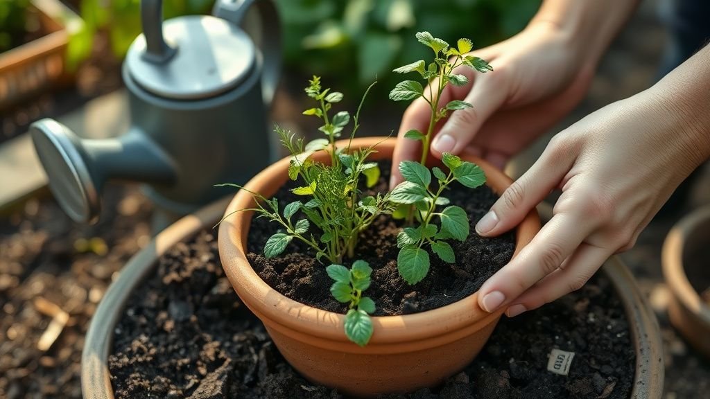 Musculation et longévité : le sport favori des centenaires 2 Mains jardinant des herbes en pot sous une lumière naturelle douce