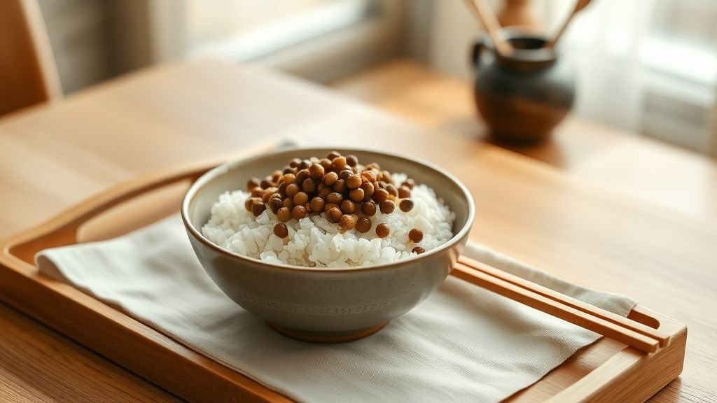 Bol de riz au natto dans une ambiance de petit-déjeuner japonais, lumière naturelle et table en bois