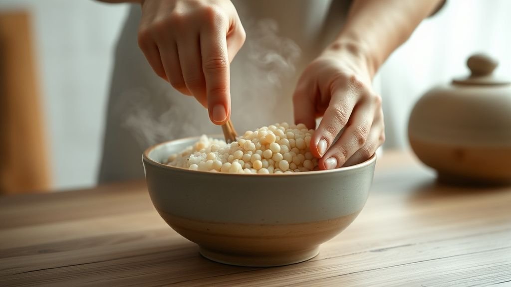 Mains mélangeant du natto dans un bol en céramique avec du riz chaud, ambiance douce et naturelle