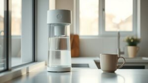 Cuisine lumineuse avec un système de filtration d’eau posé sur le plan de travail