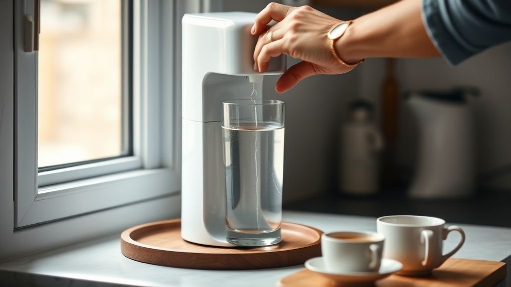 Meilleur osmoseur 2026 : comment choisir sans se tromper 2 Mains versant de l’eau filtrée dans un verre près d’une tasse de thé