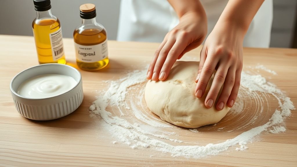 Pain kebab sans gluten maison : la recette express minute 2 Mains étalant une pâte souple sans gluten sur un plan de travail en bois, avec yaourt et huile d’olive