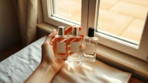 Parfum léger en été : 3 fragrances à porter quand il fait chaud 1 Trois flacons de parfum minimalistes posés sur un linge en lin près d’une fenêtre lumineuse