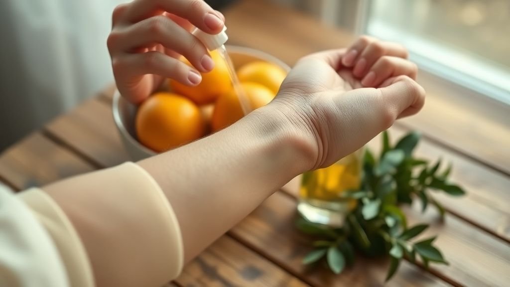 Parfum léger en été : 3 fragrances à porter quand il fait chaud 2 Poignet parfumé près d’agrumes et de feuillage sur une table en bois sous lumière naturelle