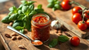 Pot de pesto rosso maison sur une table en bois avec basilic, ail et tomates séchées