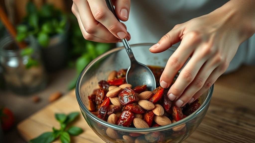 Pesto rosso maison : la recette simple et ensoleillée 2 Mains préparant un pesto rosso maison avec tomates séchées, basilic et amandes dans une cuisine lumineuse