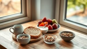 Petit-déjeuner et perte de poids : l’erreur à éviter 1 Petit-déjeuner équilibré avec pain complet, fruits frais, yaourt et graines sous lumière naturelle