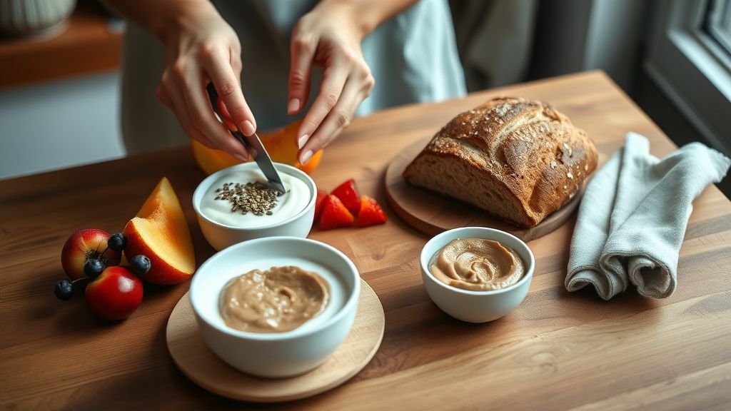 Petit-déjeuner et perte de poids : l’erreur à éviter 2 Mains préparant un petit-déjeuner équilibré avec fruits, graines et pain complet sur un plan de travail