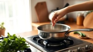 Poêle inox qui accroche : 3 gestes pour réussir vos cuissons 4 Poêle inox sur une cuisinière dans une cuisine lumineuse, avec une main qui teste la chaleur et des légumes frais à côté