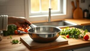 Poêle inox posée sur un plan de travail en bois avec des légumes frais et une lumière naturelle douce