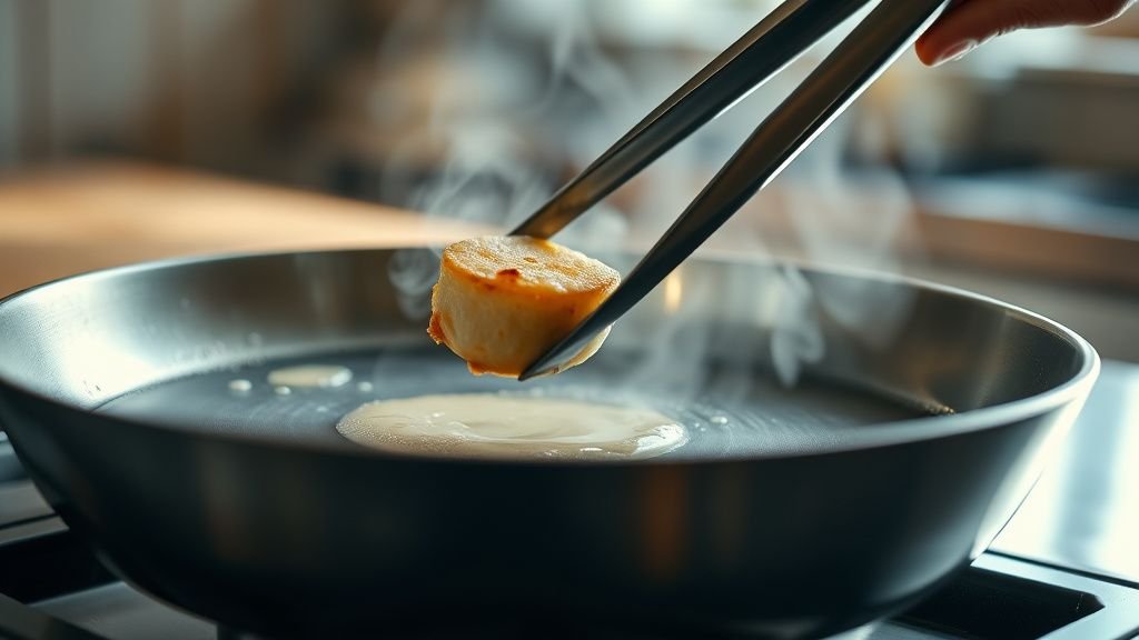 Poêle inox qui accroche : 3 gestes pour réussir vos cuissons 2 Gros plan sur une poêle inox chaude avec un filet d’huile et un aliment déposé délicatement