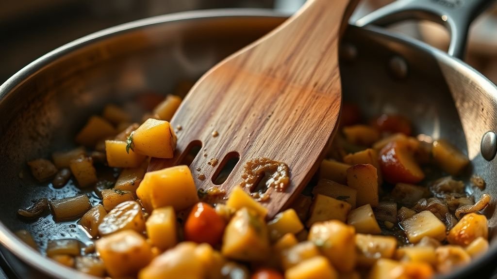 Gros plan sur une cuisson à la poêle inox avec une spatule en bois et une légère vapeur