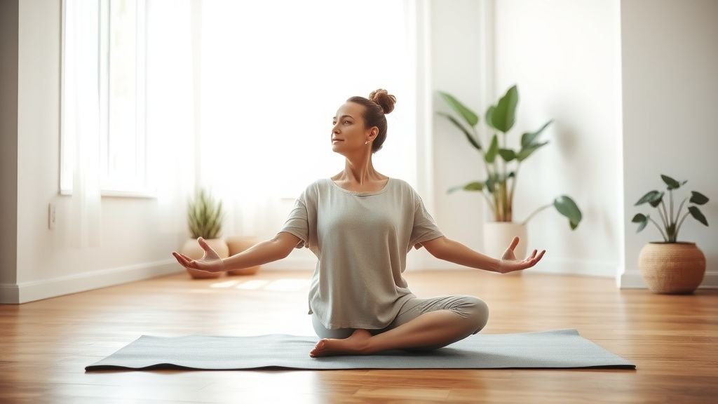 Navasana : la posture de yoga qui renforce le ventre 1 Femme en posture du bateau sur un tapis de yoga dans un salon lumineux et apaisant