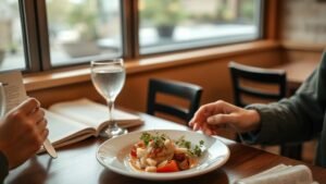 Mains choisissant un plat simple au restaurant avec une assiette équilibrée et une ambiance chaleureuse