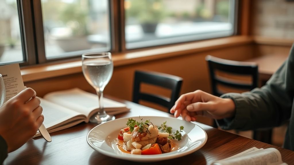 Au restaurant sans culpabiliser : les repères à garder 1 Mains choisissant un plat simple au restaurant avec une assiette équilibrée et une ambiance chaleureuse