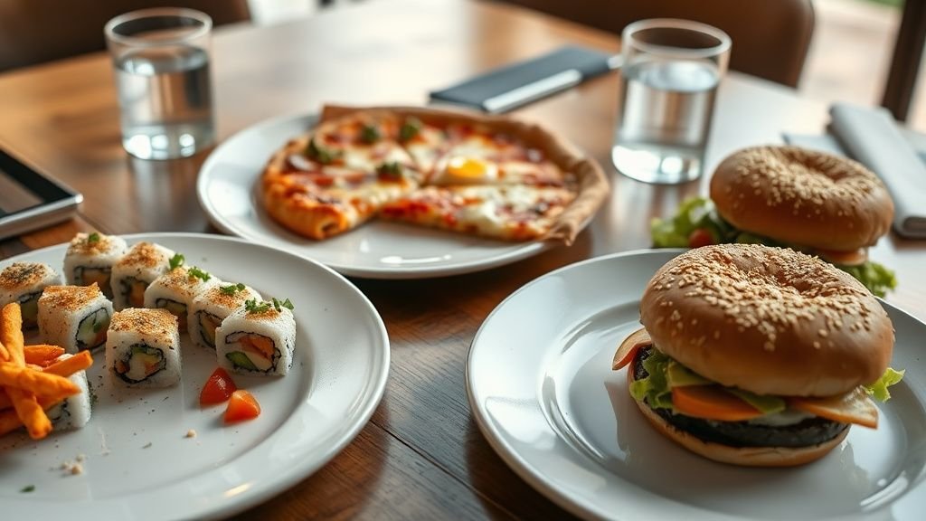 Au restaurant sans culpabiliser : les repères à garder 2 Trois assiettes de restaurant montrant des choix simples et équilibrés sur une table en bois