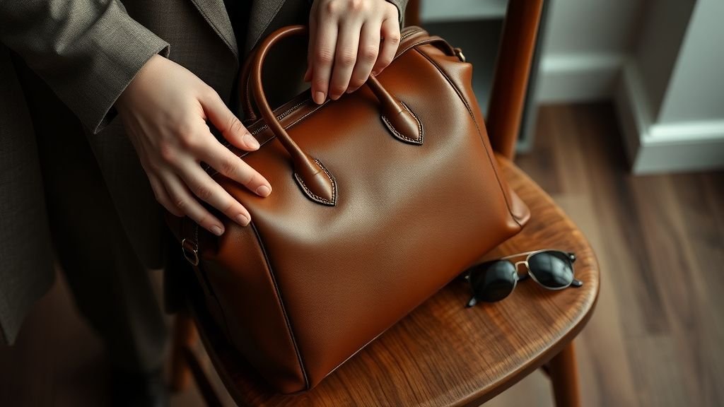 Gros plan sur un sac français posé près d’un blazer et de lunettes dans une ambiance douce et naturelle
