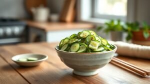 Salade de concombre à l’asiatique dans un bol en céramique, avec graines de sésame et lumière naturelle