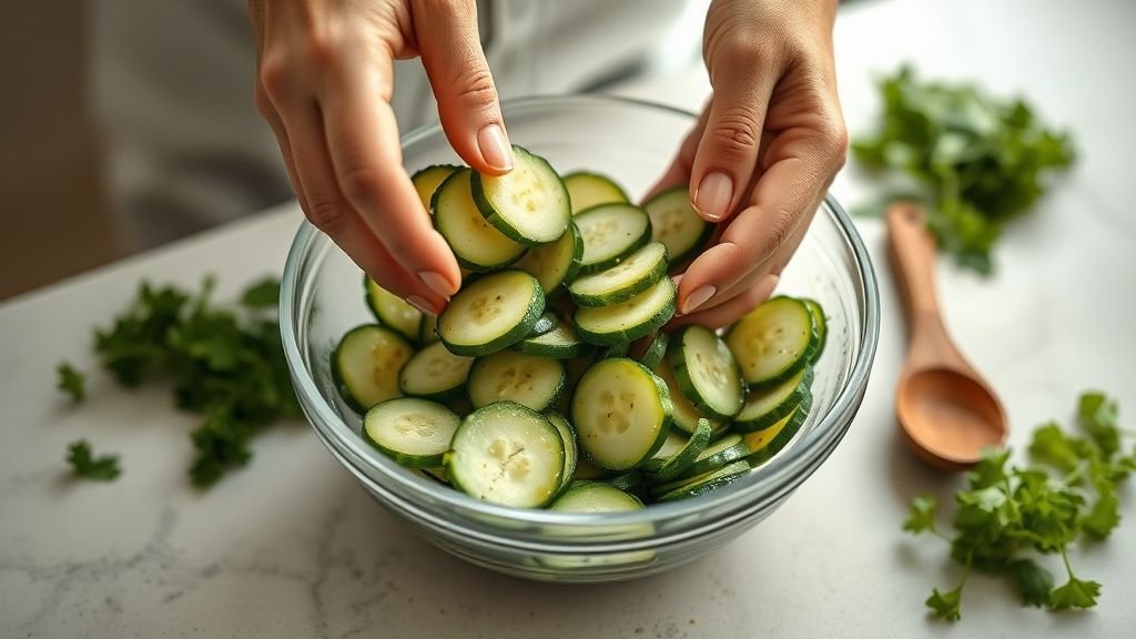 Mains mélangeant des rondelles de concombre avec une vinaigrette parfumée dans un bol en verre