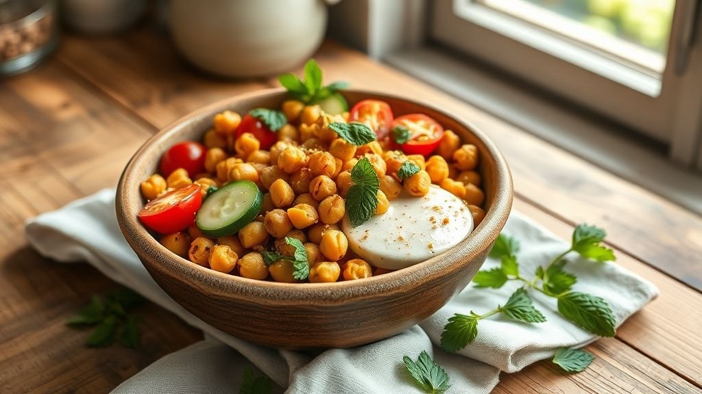 Salade de pois chiches épicée et concombre, fraîche et simple 1 Salade de pois chiches aux concombres, tomates cerises, menthe et sauce tahini dans un bol en céramique