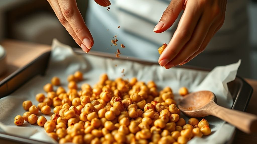 Salade de pois chiches épicée et concombre, fraîche et simple 2 Mains assaisonnant des pois chiches rôtis au cumin et au paprika sur une plaque de cuisson