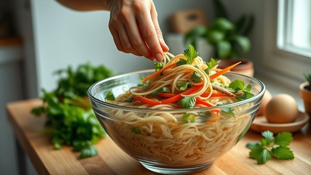 Mains mélangeant des vermicelles de riz avec légumes croquants et sauce au sésame sur un plan de travail