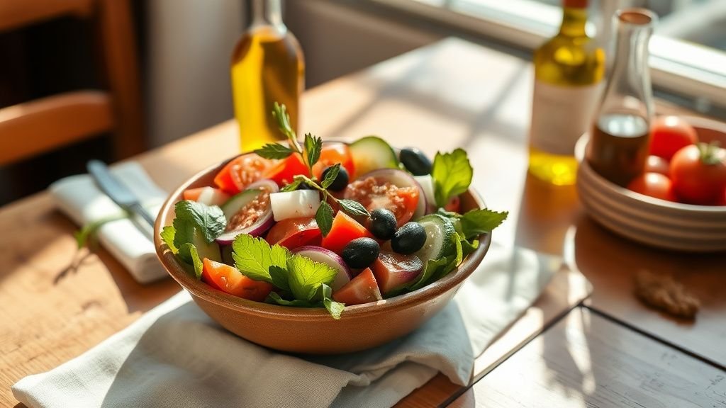 Salade grecque sans lactose dans un bol en céramique sur une table en bois, avec tomates, concombre et olives