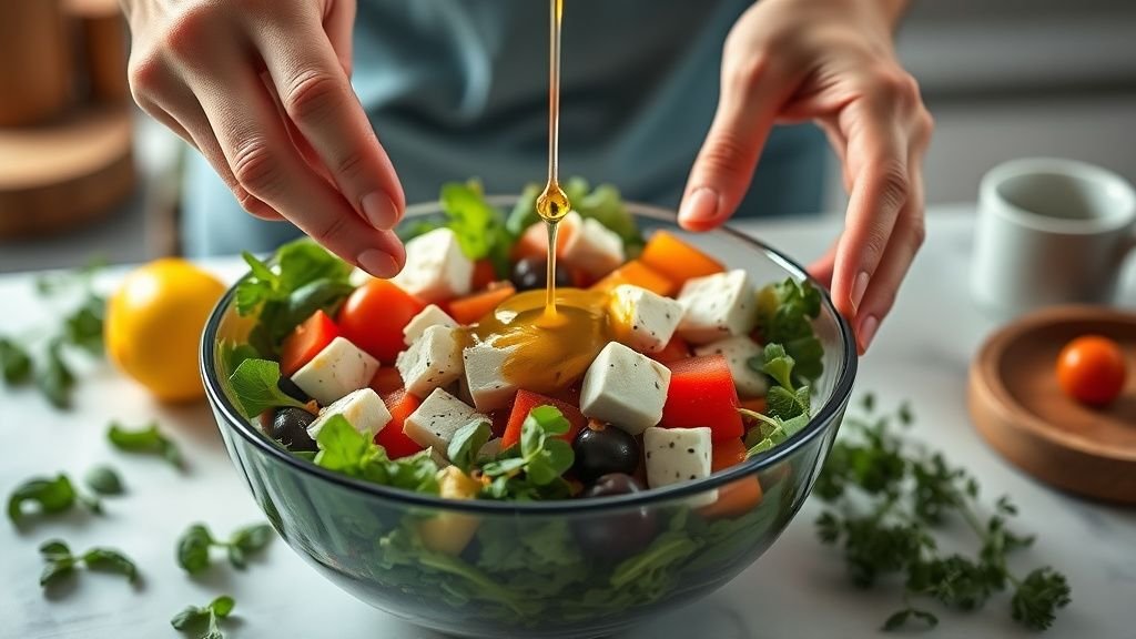 Mains disposant des légumes et de la feta végétale dans une salade grecque sous une lumière naturelle douce