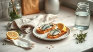 Assiette de sardines sur toast avec citron et herbes dans une cuisine lumineuse et naturelle