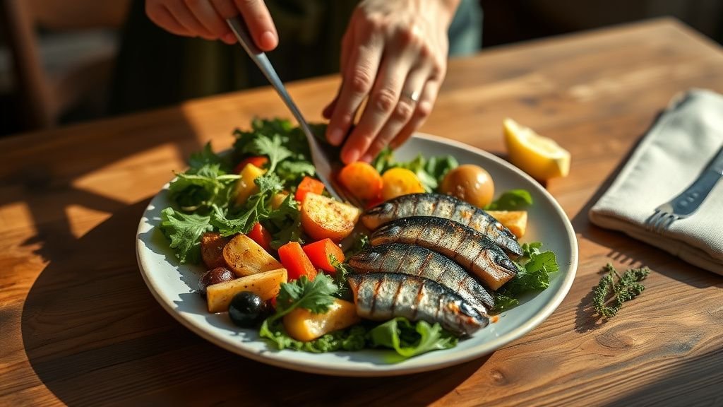 Mains préparant un repas équilibré avec sardines, légumes rôtis et salade sur une table en bois