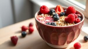 Smoothie bowl d’été aux fruits rouges, frais et crémeux 4 Smoothie bowl d’été aux fruits rouges dans un bol en céramique avec fruits frais et granola
