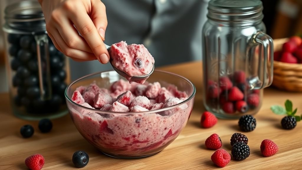 Mains versant une préparation glacée de fruits rouges dans un bol sur un plan de travail en bois