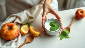 Spiruline après 50 ans : un soutien malin pour le muscle 3 Mains préparant un bol de yaourt et de spiruline dans une cuisine lumineuse au style naturel