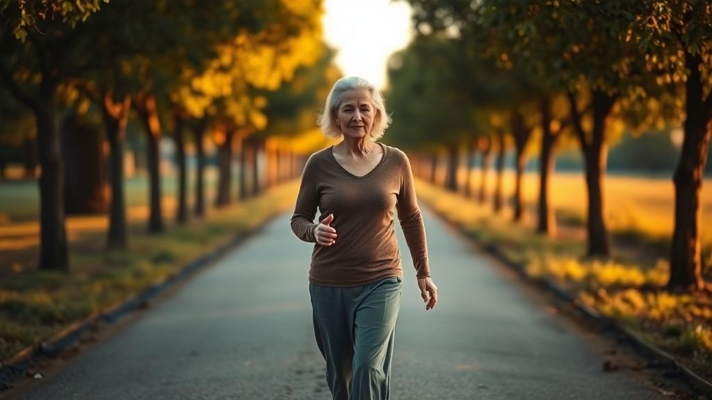 Spiruline après 50 ans : un soutien malin pour le muscle 2 Femme marchant sur un chemin bordé d’arbres, illustrant le mouvement doux après 50 ans