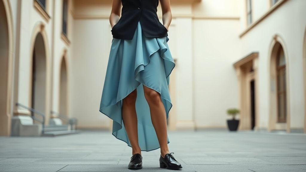Silhouette mode avec jupe asymétrique bleu clair, gilet noir et derbies dans une ambiance parisienne élégante