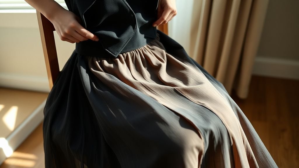 Mains ajustant un gilet noir sur une jupe fluide romantique dans une ambiance lumineuse et minimaliste