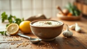 Bol de tahini sur une table en bois avec citron et légumes, ambiance cuisine naturelle et chaleureuse