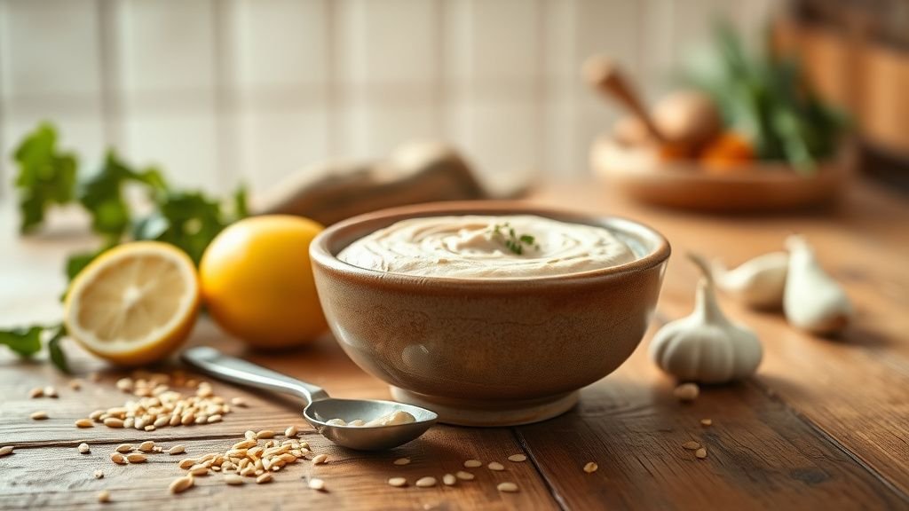 Bol de tahini sur une table en bois avec citron et légumes, ambiance cuisine naturelle et chaleureuse
