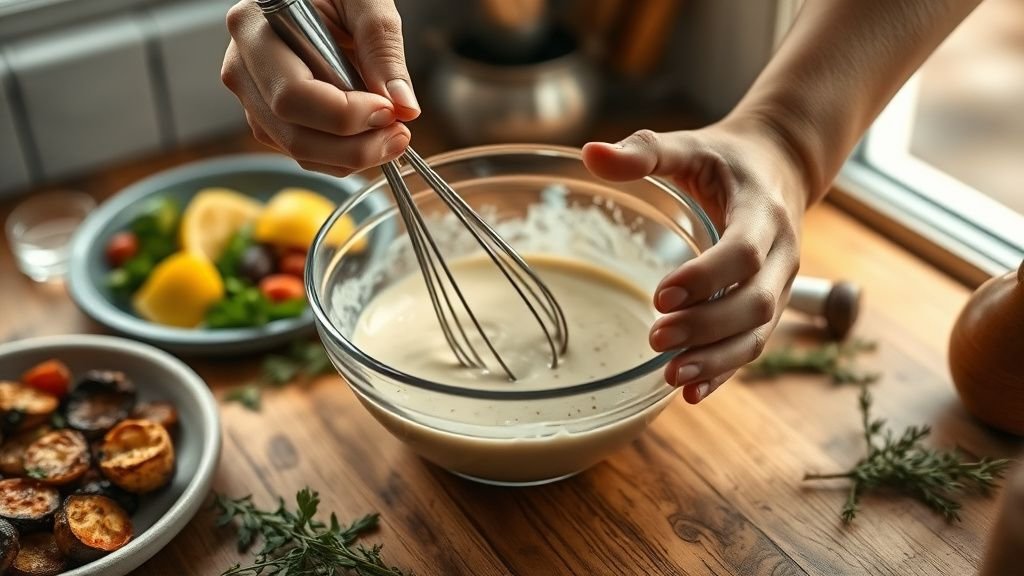 Mains fouettant une sauce au tahini dans un bol en verre près de légumes rôtis sous lumière naturelle