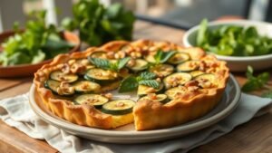 Tarte à la courgette sans gluten : menthe et pignons 2 Tarte à la courgette sans gluten garnie de menthe et de pignons sur une table en bois