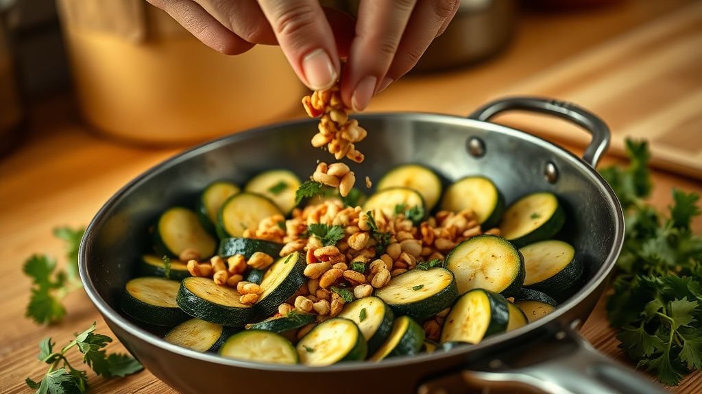 Tarte à la courgette sans gluten : menthe et pignons 2 Mains ajoutant de la menthe et des pignons sur des courgettes sautées dans une cuisine lumineuse