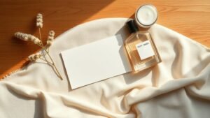 Composition beauté avec carte-cadeau générique, parfum sans marque et soin sur table en bois sous lumière naturelle