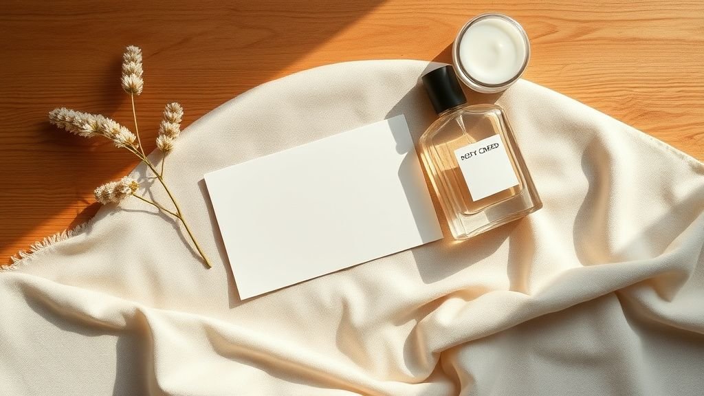 Tirage au sort beauté : comment gagner une carte-cadeau 1 Composition beauté avec carte-cadeau générique, parfum sans marque et soin sur table en bois sous lumière naturelle
