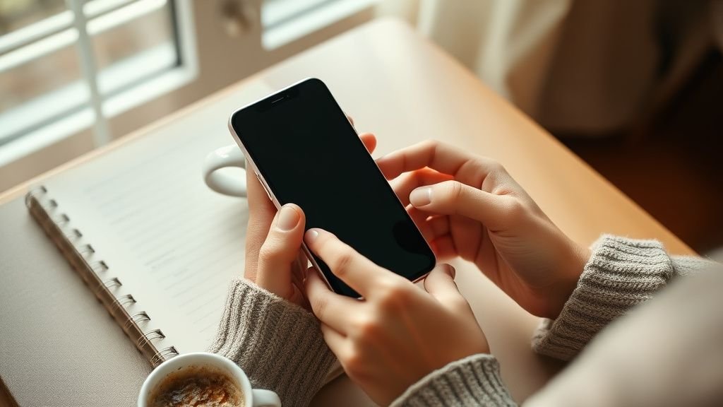 Tirage au sort beauté : comment gagner une carte-cadeau 2 Mains consultant un téléphone posé près d’un thé et d’un carnet dans une ambiance douce et naturelle