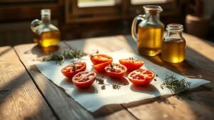 Tomates fraîches coupées sur papier cuisson avec un bocal d’huile d’olive dans une lumière naturelle douce