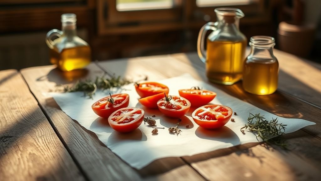 Tomates fraîches coupées sur papier cuisson avec un bocal d’huile d’olive dans une lumière naturelle douce