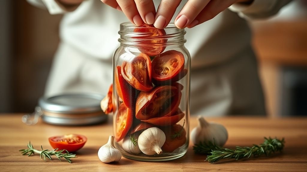 Mains déposant des tomates séchées dans un bocal en verre avec ail et romarin sur un plan de travail